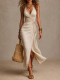 Luna™ | Vestido midi con solapa en la parte delantera, volantes y ribete de encaje