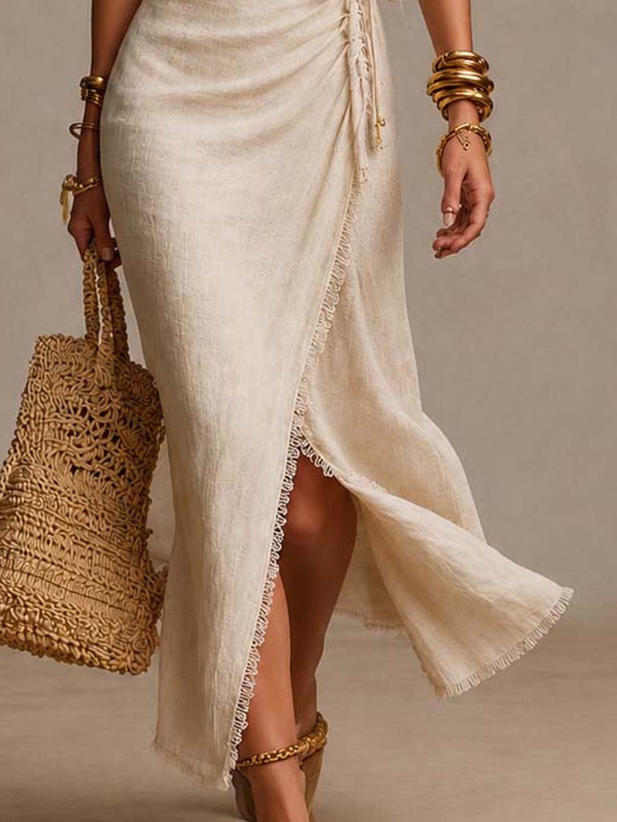 Luna™ | Vestido midi con solapa en la parte delantera, volantes y ribete de encaje