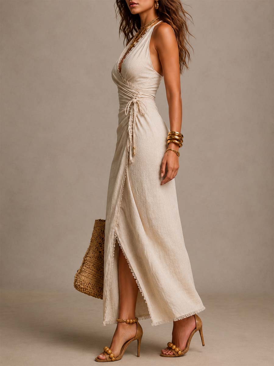 Luna™ | Vestido midi con solapa en la parte delantera, volantes y ribete de encaje