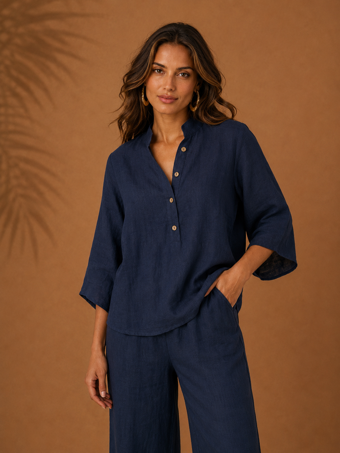 Maribel - Conjunto de Lino con Mangas Murciélago y Pantalón Ancho