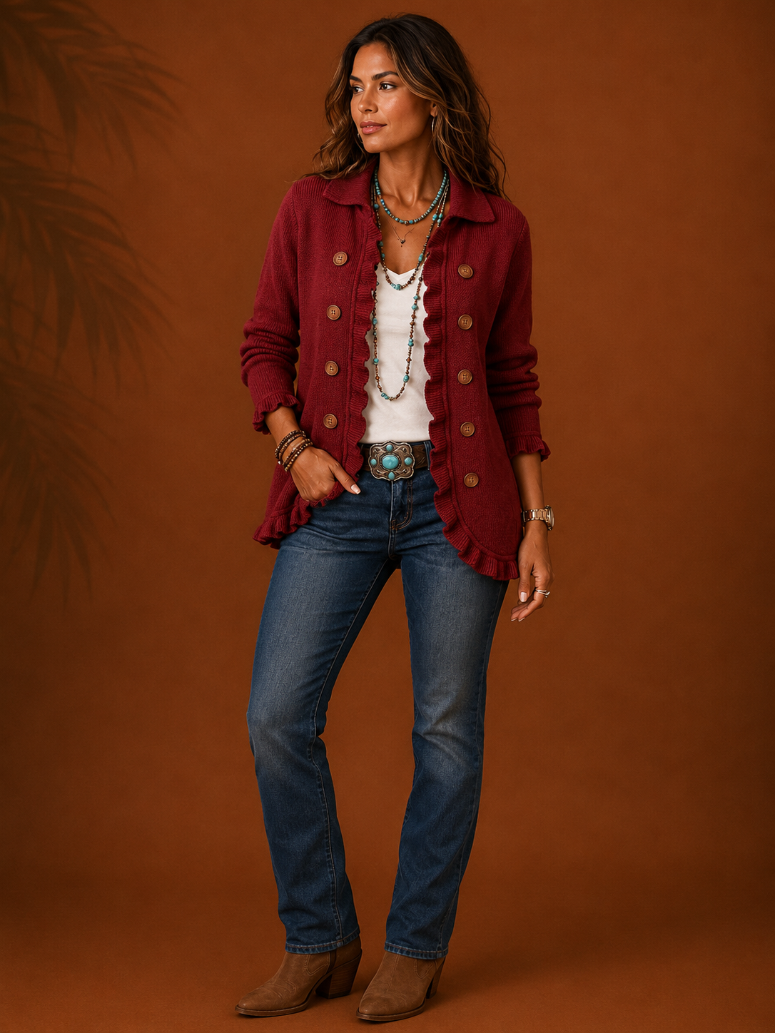 Rosalía - Chaqueta de Punto Rojo Rubí con Volantes