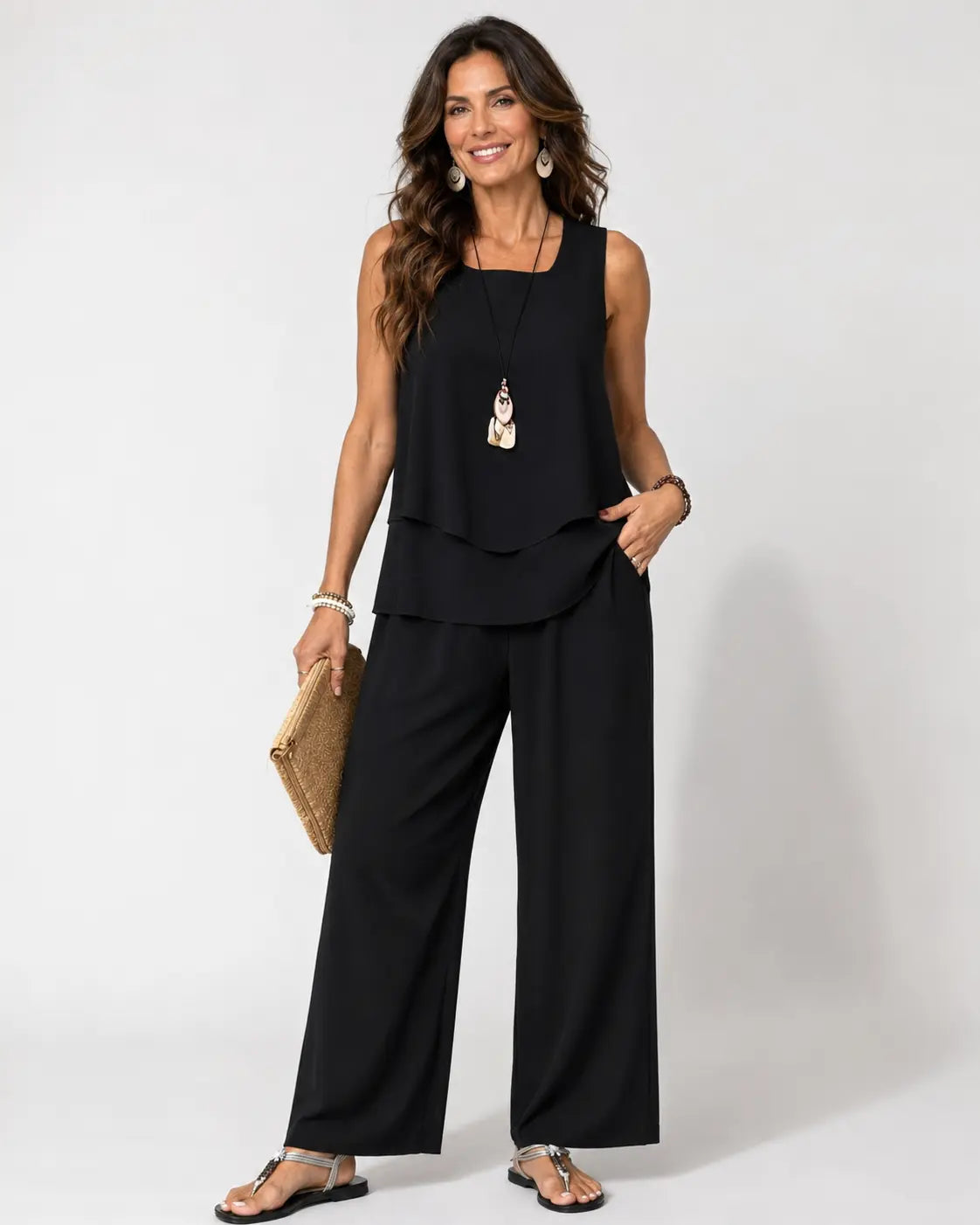 Diana™ | Conjunto Negro Top en Capas y Pantalón Ancho
